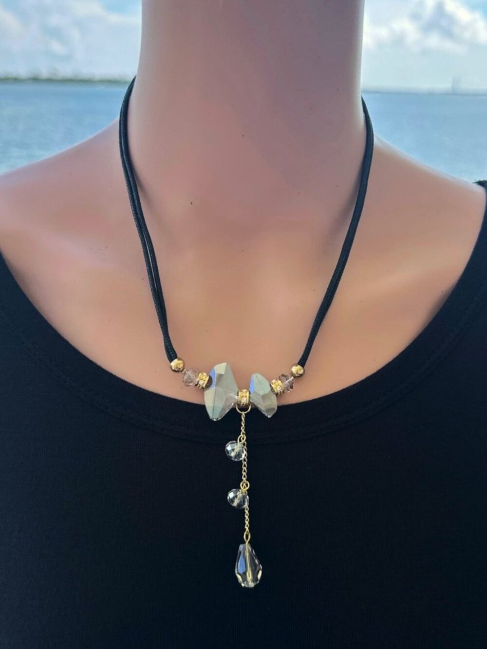 Black Cord Necklace With Gold-Tone Chain & Crystal Beads Pendant Adjustable Leng